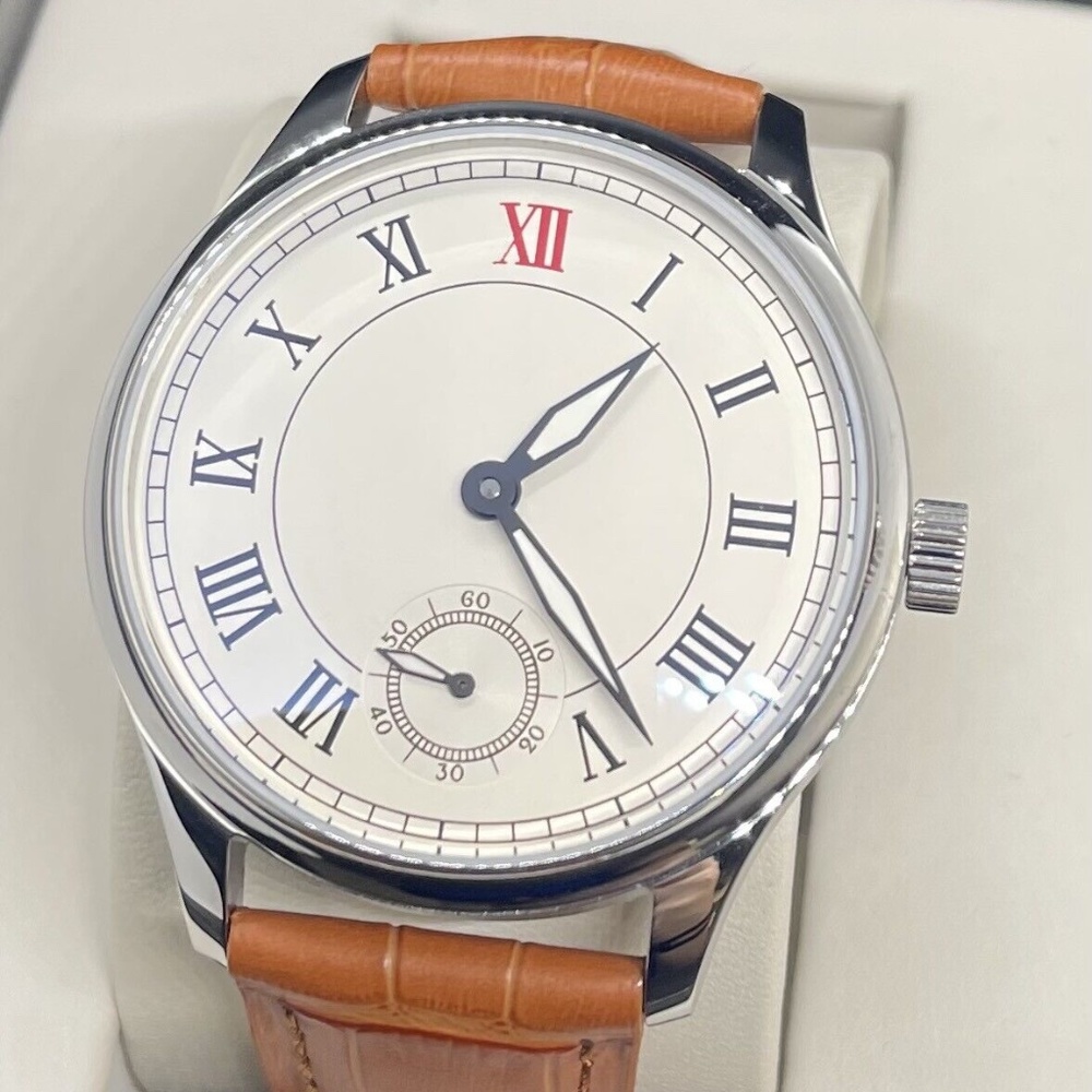 Parnis 44mm White Dial Leather Band Hand Winding 6498 Mechanical Mens Watch NEW!